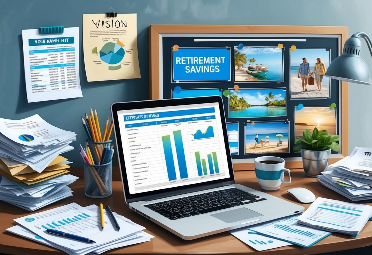 A desk cluttered with financial documents, a laptop displaying retirement savings spreadsheets, and a vision board with images of travel and leisure activities