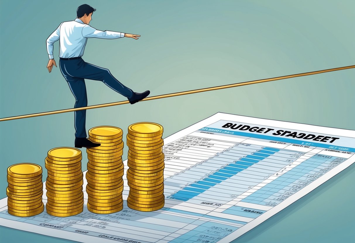 A person standing on a tightrope, balancing between a large stack of gold coins and a realistic budget spreadsheet