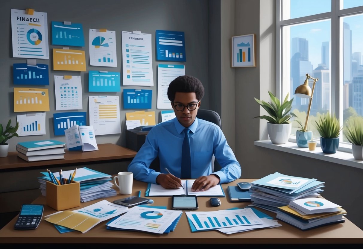 A person sitting at a desk surrounded by financial planning materials, with a mix of ambitious and realistic imagery