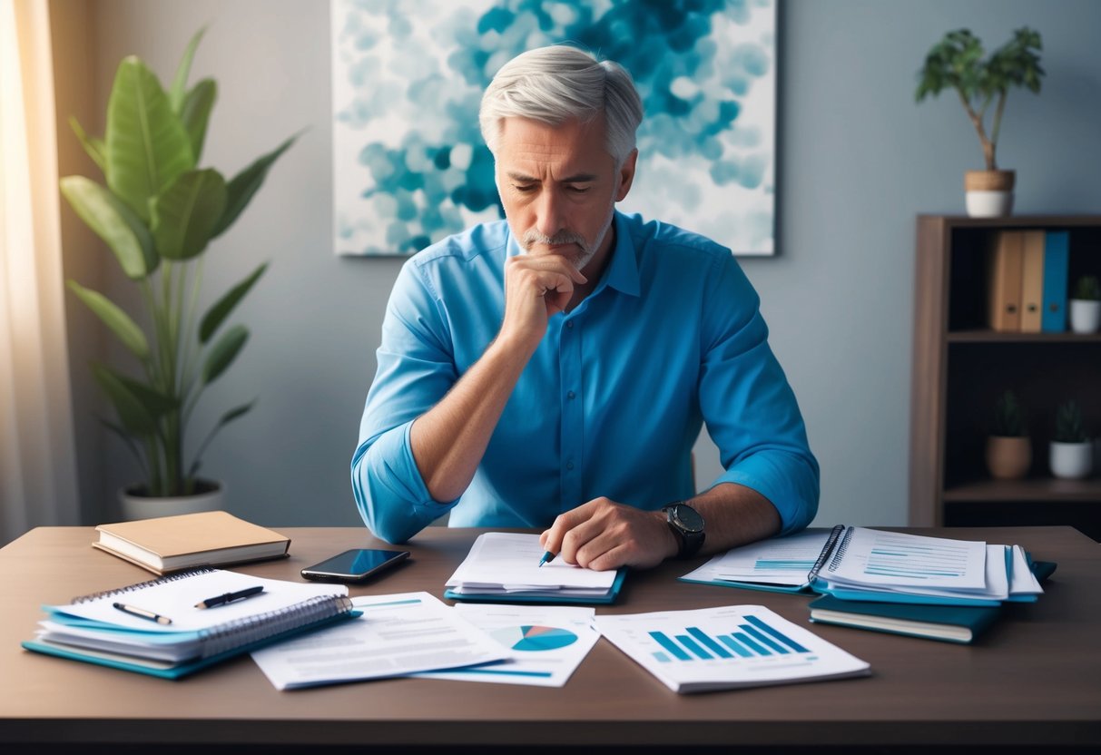 A person sitting at a desk, surrounded by financial documents and a notebook, deep in thought while contemplating retirement goals and personal values