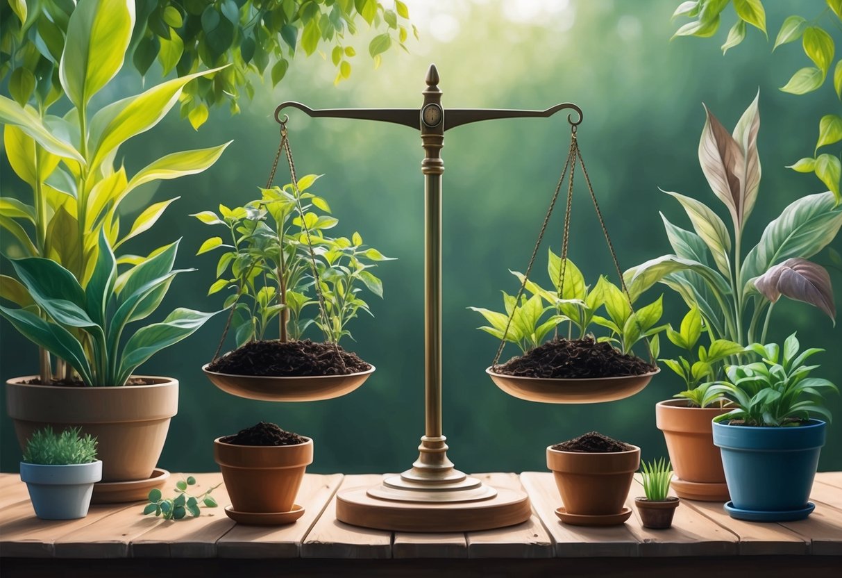 A serene garden with a mix of young and mature plants, symbolizing sustainable growth. A scale balancing ambition and realism sits on a wooden table