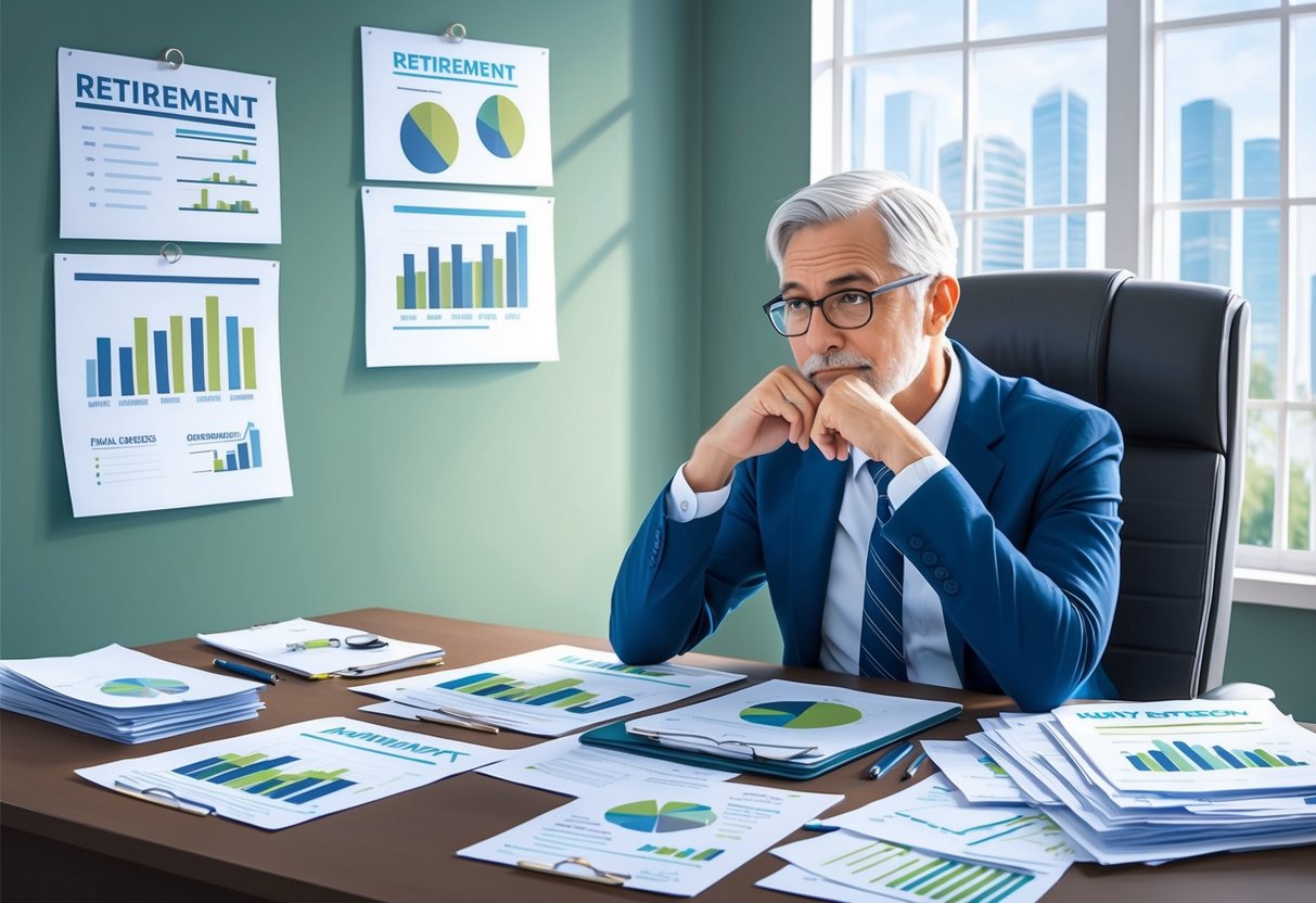 A person sitting at a desk, surrounded by financial documents and charts, with a thoughtful expression while contemplating retirement goals and adjusting plans