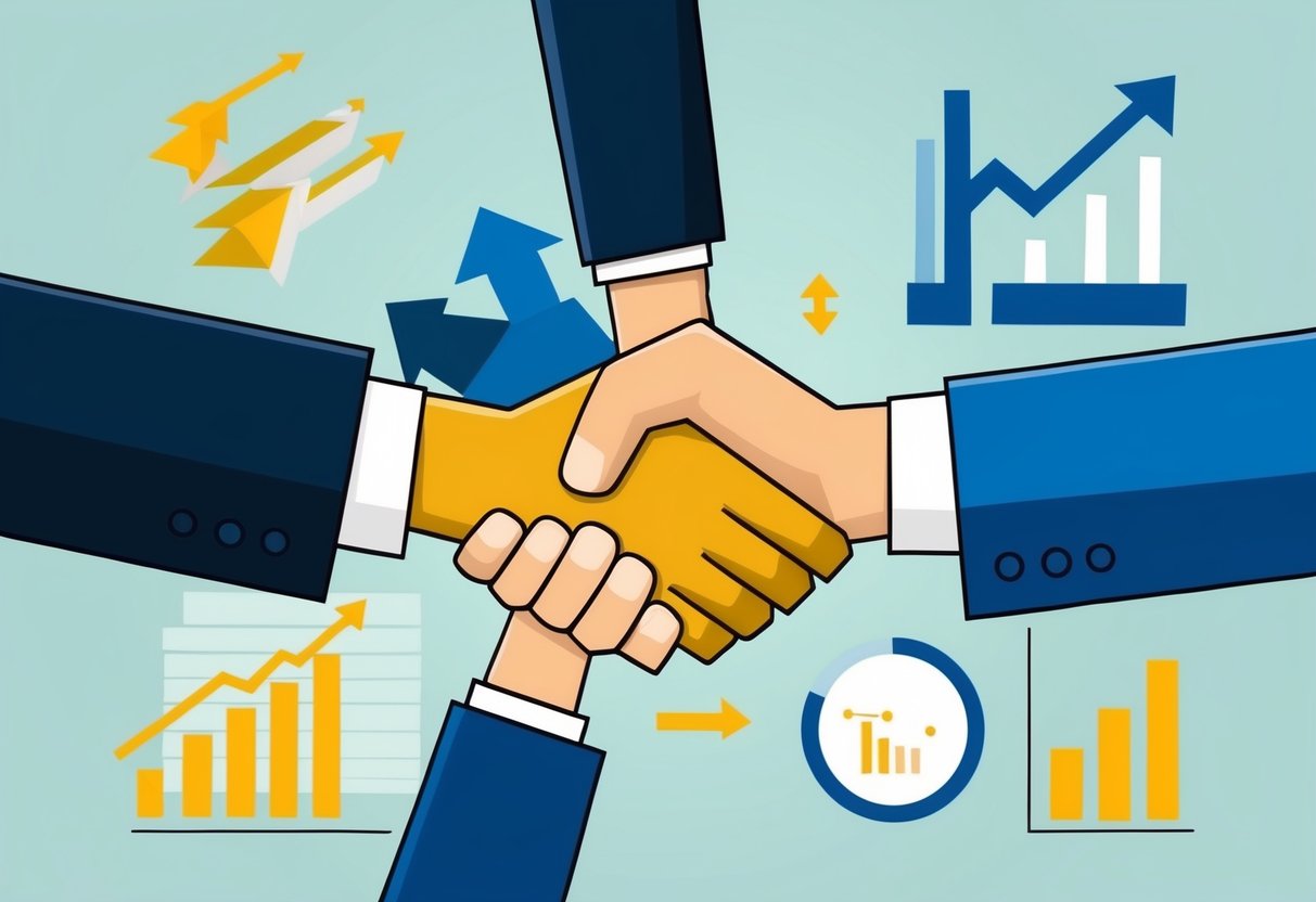 A group of two companies shaking hands, surrounded by symbols of growth and expansion, such as arrows pointing upwards and a graph showing an upward trend