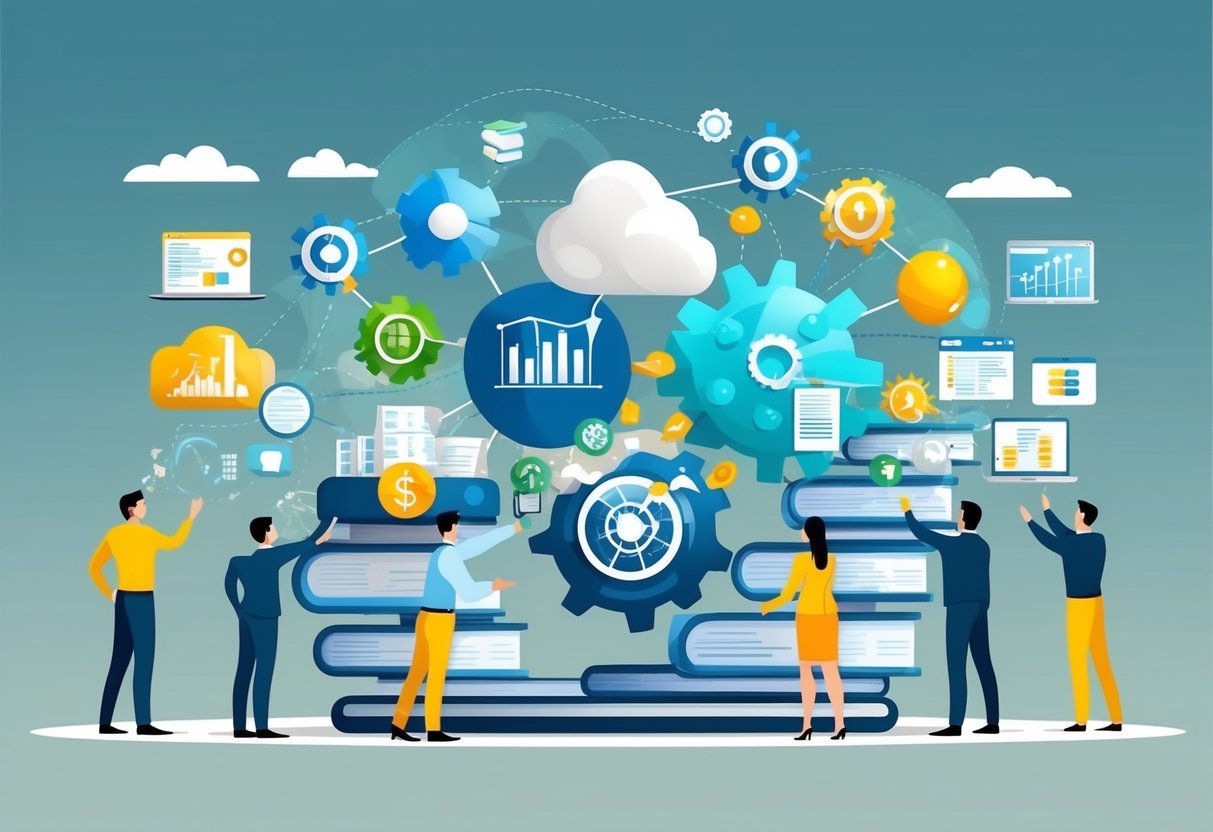 A group of diverse business elements merging and transferring knowledge, symbolizing joint ventures scaling passive income