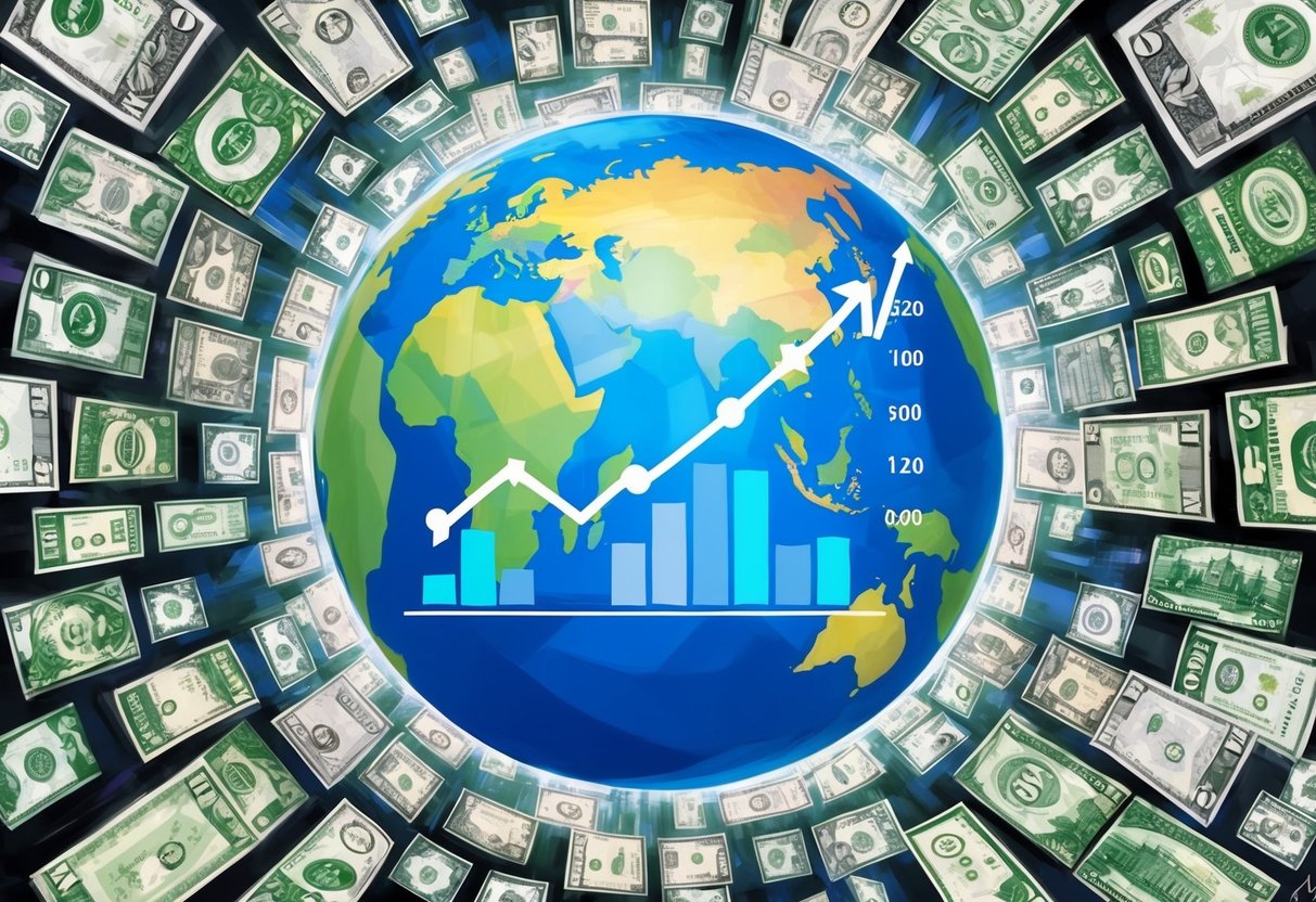 A globe surrounded by various international currency symbols, with a graph showing dividend growth across different global markets