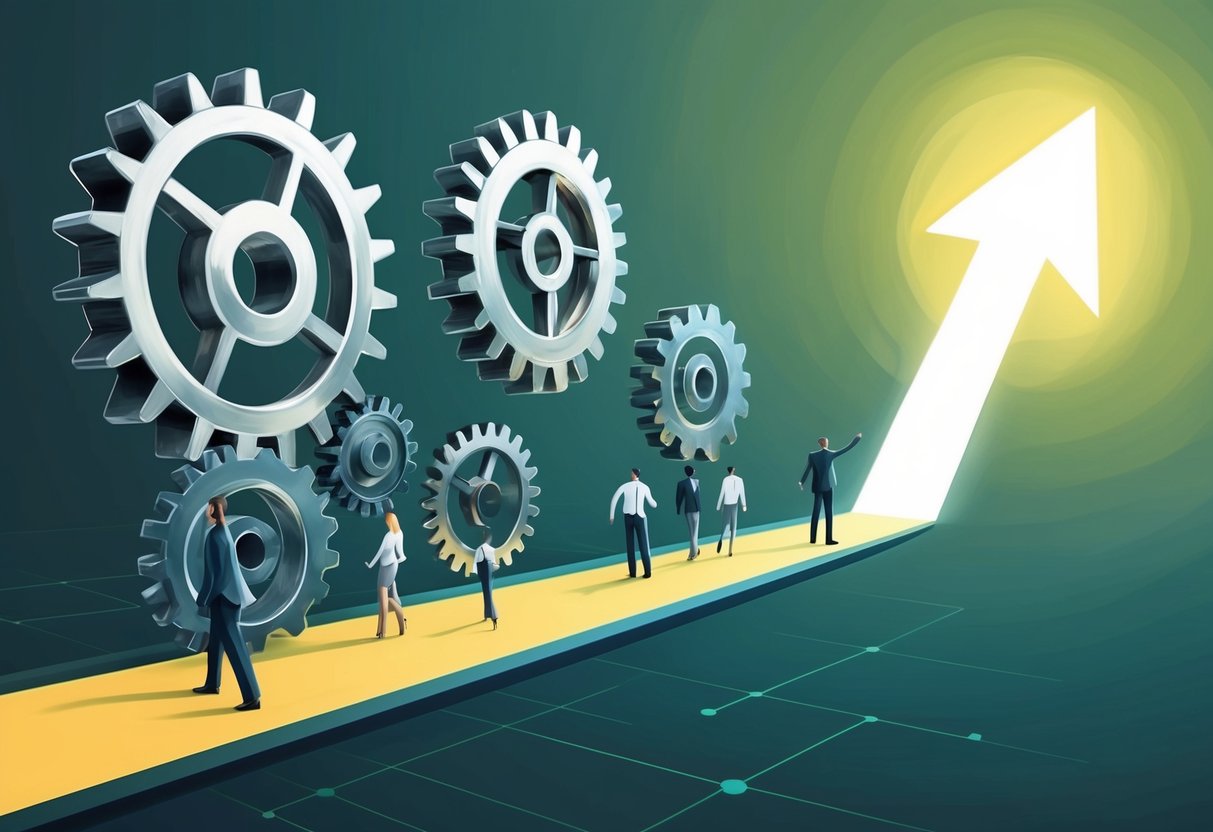 A group of abstract, interconnected gears and cogs, symbolizing collaboration and synergy, with a path leading towards a glowing, upward arrow representing growth and passive income