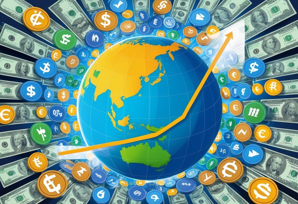 A globe surrounded by various international currency symbols, with a graph showing dividend growth across different global markets