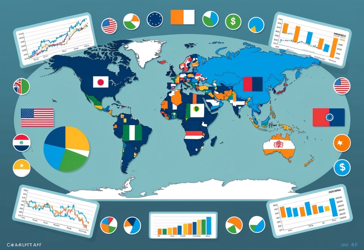 A world map with various flags representing international markets, surrounded by financial charts and graphs showing dividend growth