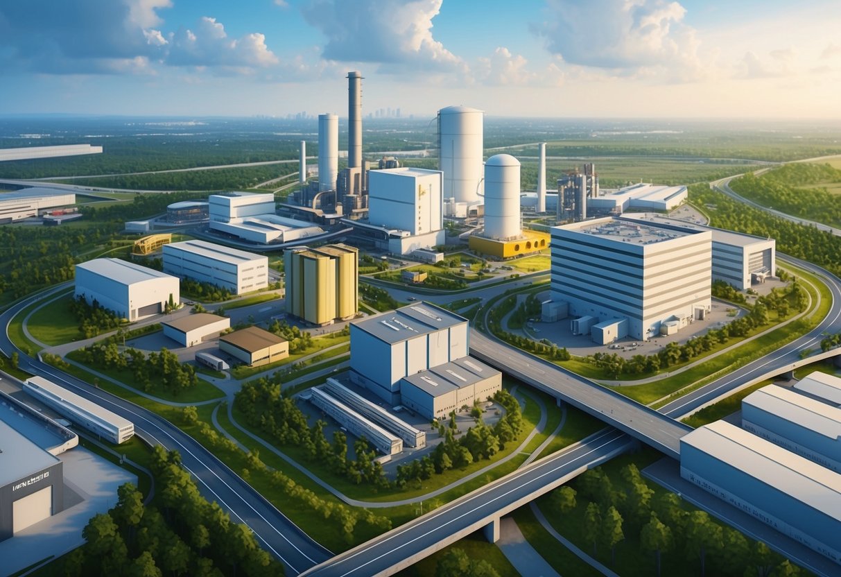 A group of diverse industrial buildings connected by a network of roads and pathways, surrounded by greenery and modern infrastructure
