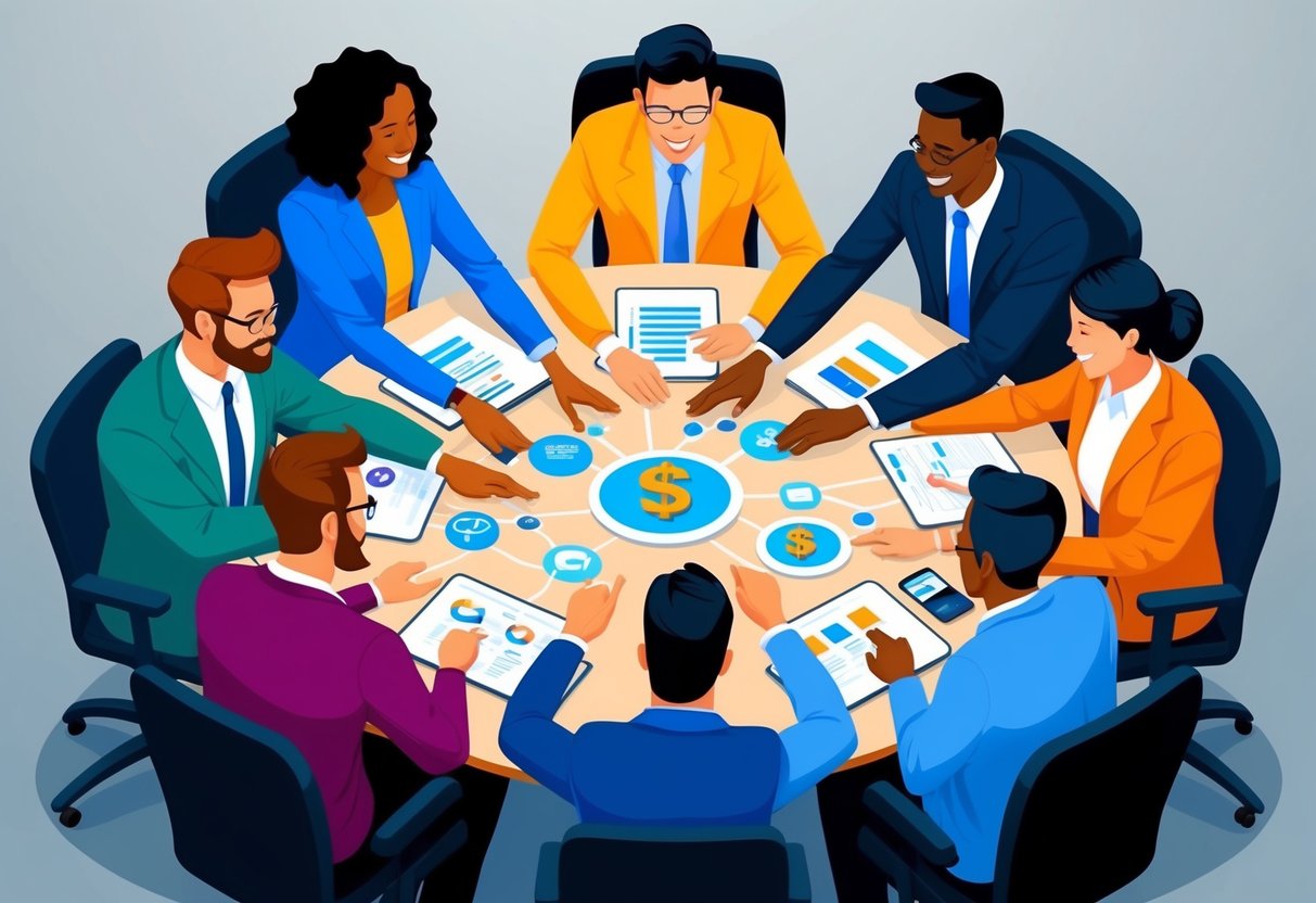 A group of diverse individuals collaborate around a table, exchanging ideas and resources, symbolizing the concept of joint ventures for passive income generation