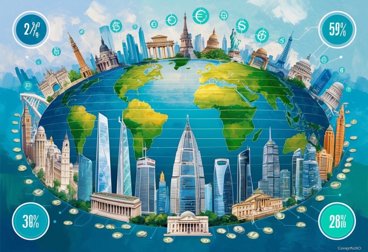 A diverse array of international landmarks representing different markets, surrounded by currency symbols and dividend payout charts