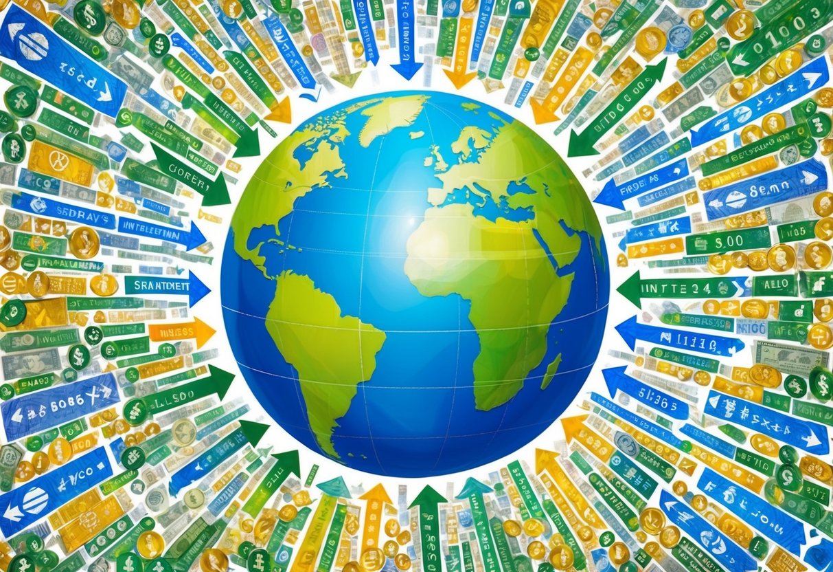 A globe surrounded by various international currency symbols, with arrows representing investment flows between countries