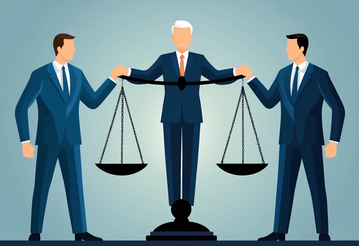 Two opposing forces standing on opposite sides of a scale, with a mediator in the middle, symbolizing the role of joint ventures in resolving conflicts and scaling passive income