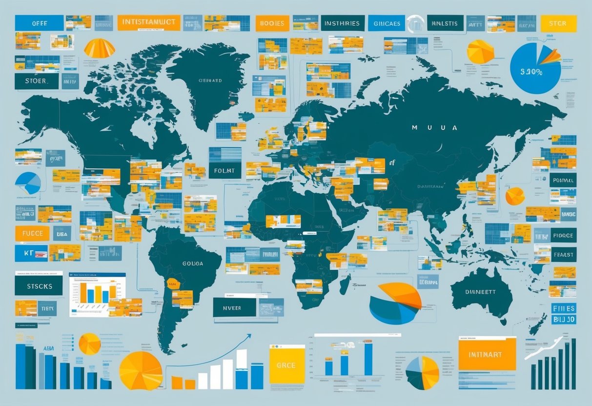 A diverse array of investment vehicles from around the world, such as stocks, bonds, and mutual funds, displayed on a global map