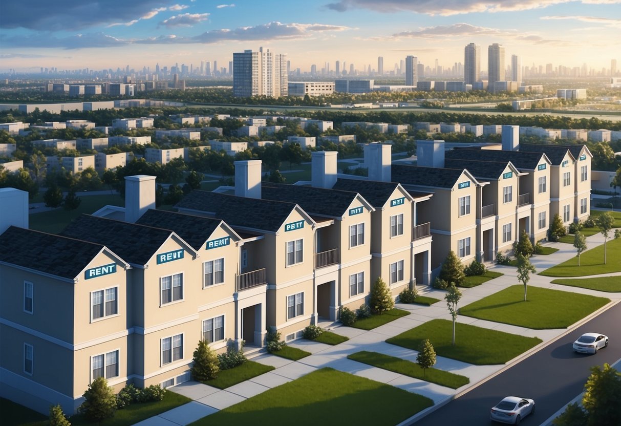 A row of residential buildings, each with "For Rent" signs, surrounded by a mix of suburban and urban landscapes, with a clear focus on the potential for growth and expansion