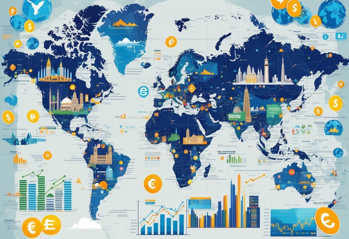 A diverse array of global landmarks, stock market graphs, and currency symbols scattered across a world map