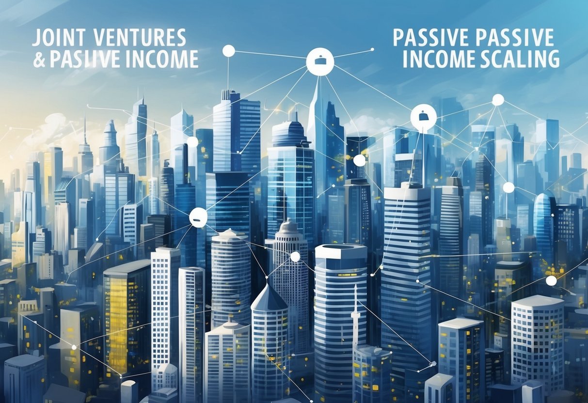 A bustling city skyline with various buildings and structures, interconnected by lines and arrows representing joint ventures and passive income scaling