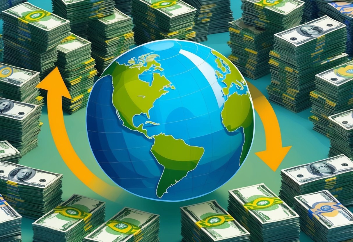 A globe surrounded by stacks of currency from different countries, with arrows pointing from the globe to the currency stacks, representing expansion into international dividend portfolios
