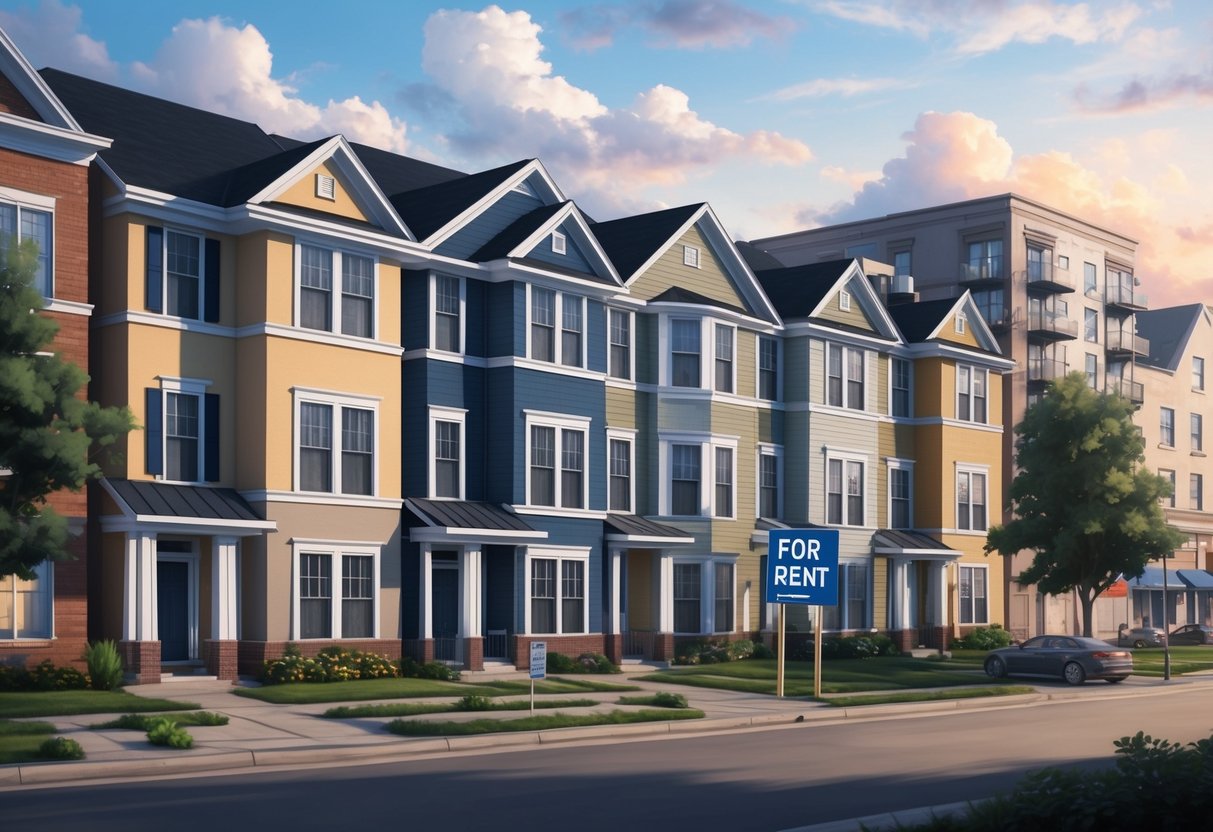 A row of rental properties with "For Rent" signs outside, surrounded by a mix of residential and commercial buildings