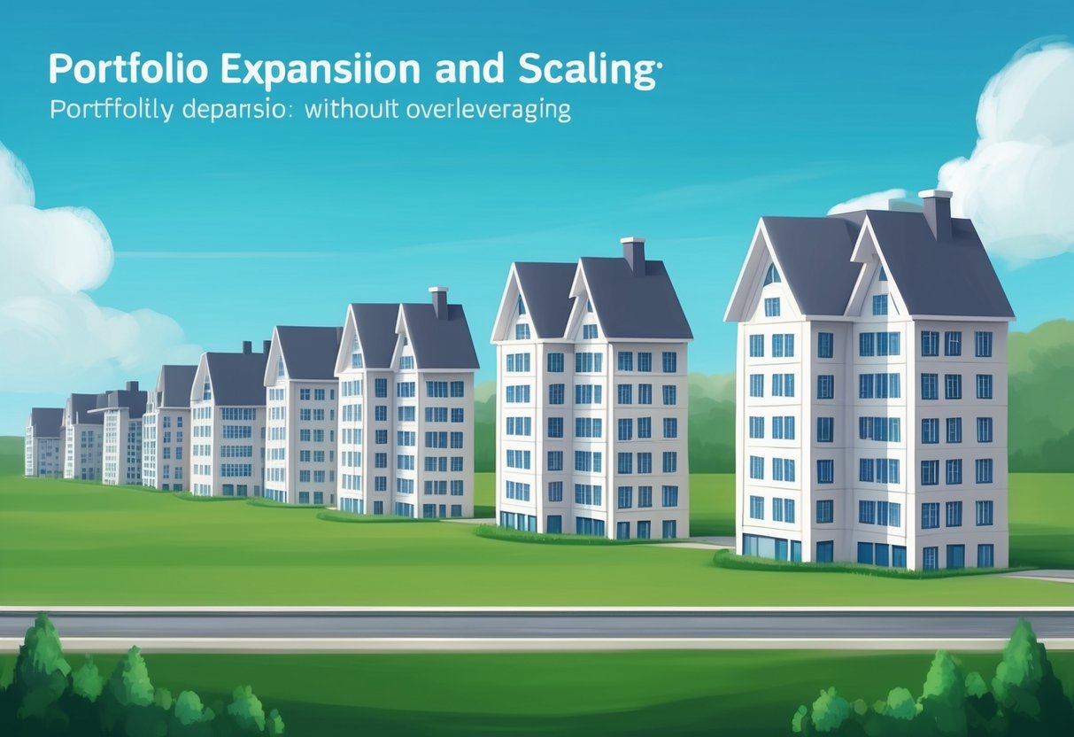 A row of rental properties gradually increasing in size and number, symbolizing portfolio expansion and scaling without overleveraging