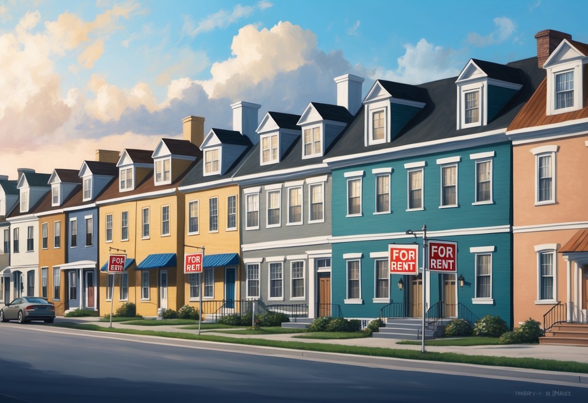 A row of diverse rental properties, varying in size and style, with "For Rent" signs displayed outside each building