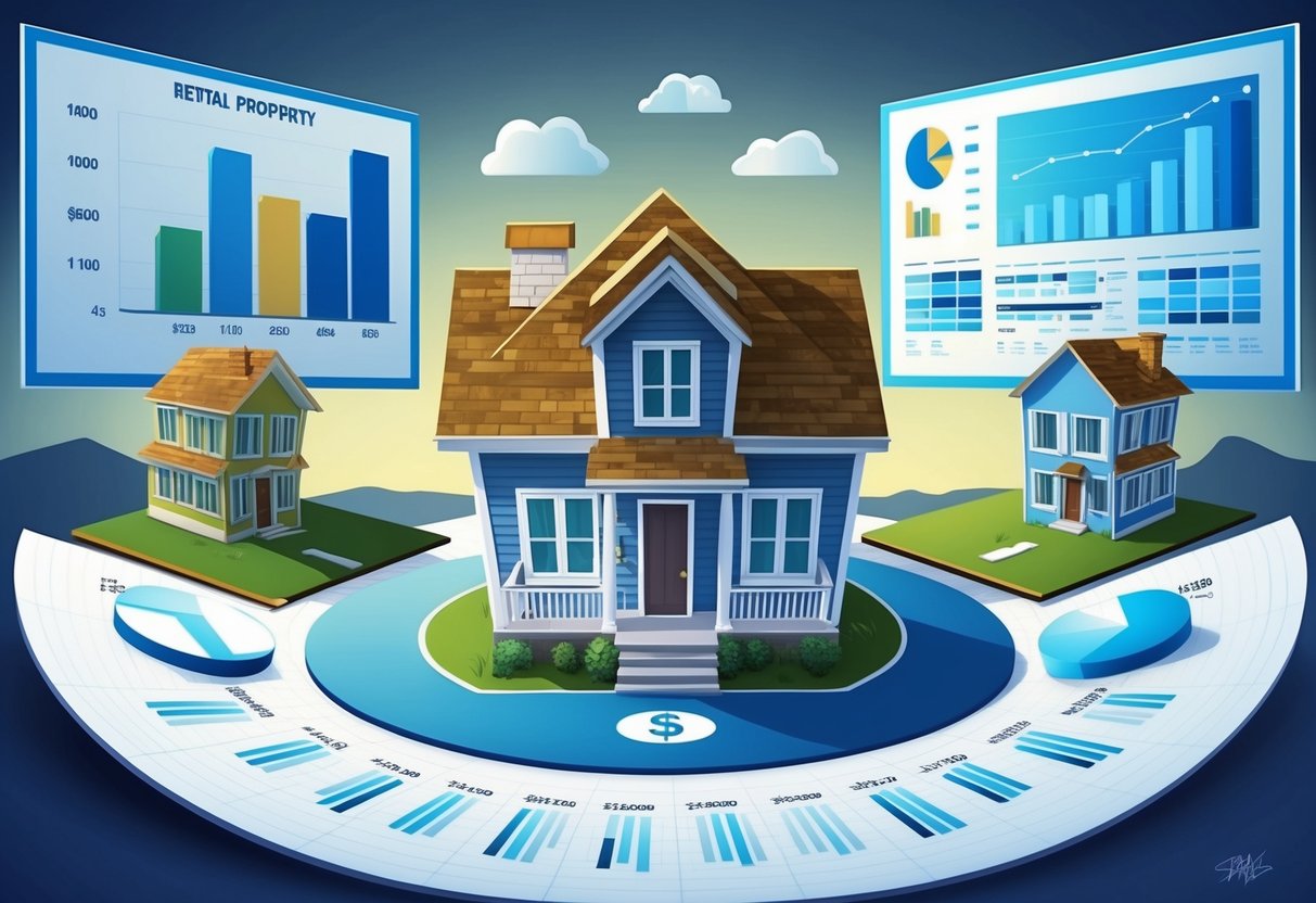 A rental property surrounded by financial charts and graphs, with one property standing out as larger and more successful than the others