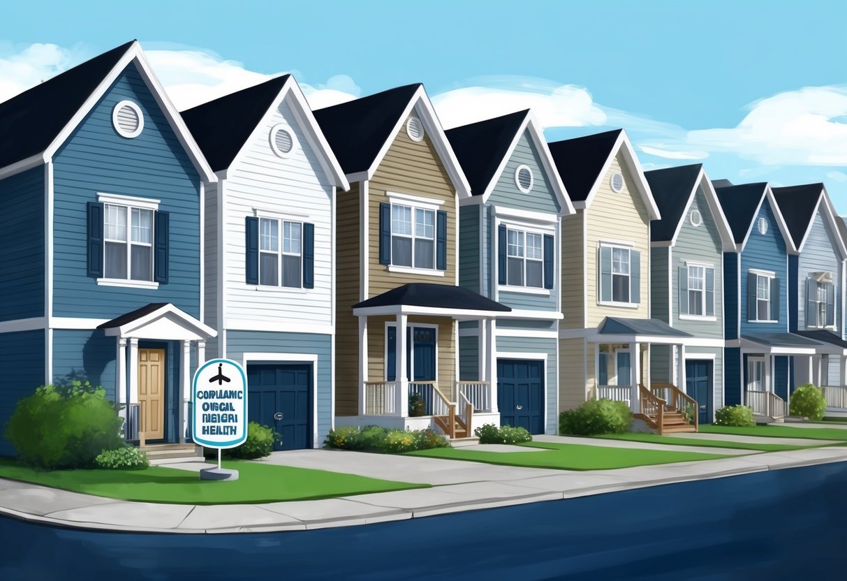A row of rental properties with varying sizes and styles, each with a "Compliance and Legal Health" sign, surrounded by a scale symbol