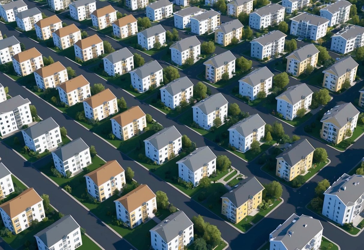 An aerial view of a diverse array of rental properties, ranging from single-family homes to apartment buildings, with a focus on their scalability and optimization