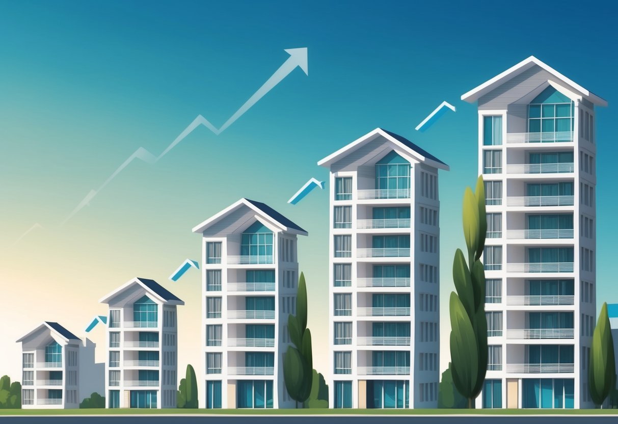 A series of rental properties arranged in a scaling pattern, with larger and more profitable properties at the forefront, symbolizing future planning and strategic growth