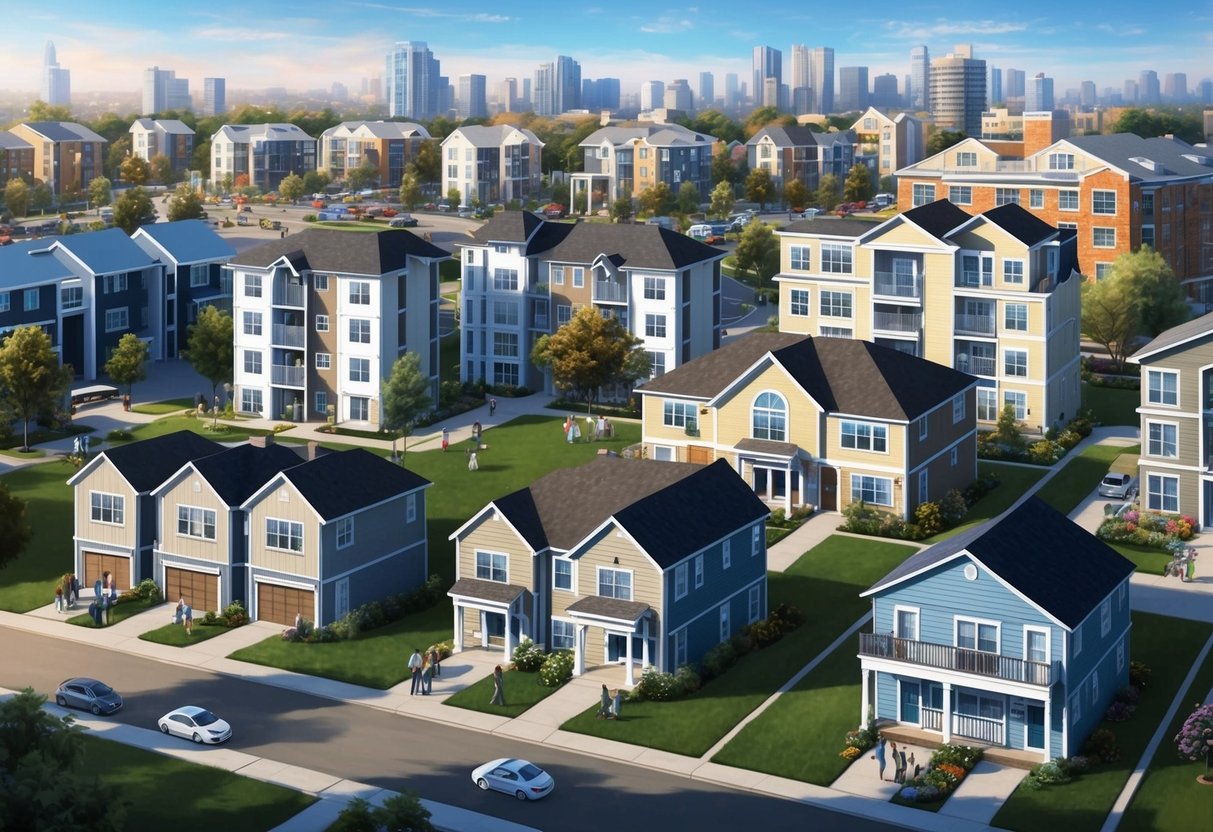 A diverse group of rental properties, ranging from small apartments to larger homes, set against a backdrop of a bustling community with people engaged in various activities