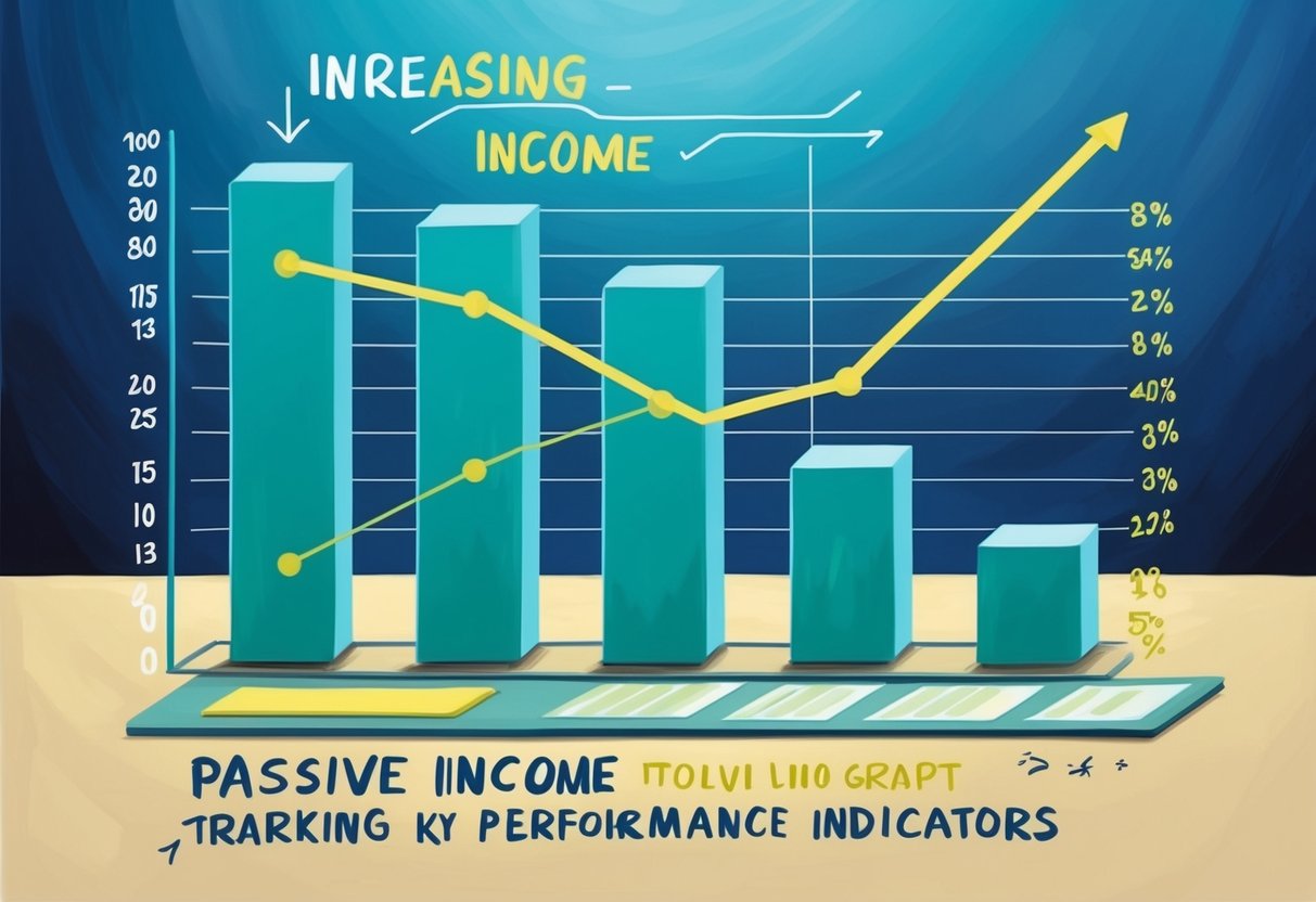 A bar graph showing increasing passive income over time, with a line graph tracking key performance indicators alongside