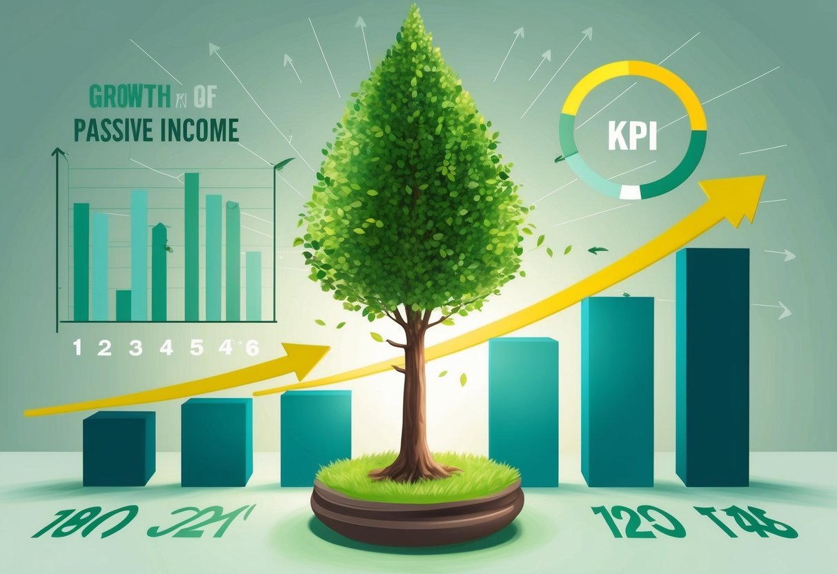 A tree growing taller with each passing day, surrounded by a chart showing increasing numbers and arrows pointing upwards, symbolizing the growth potential of passive income and the importance of KPI tracking