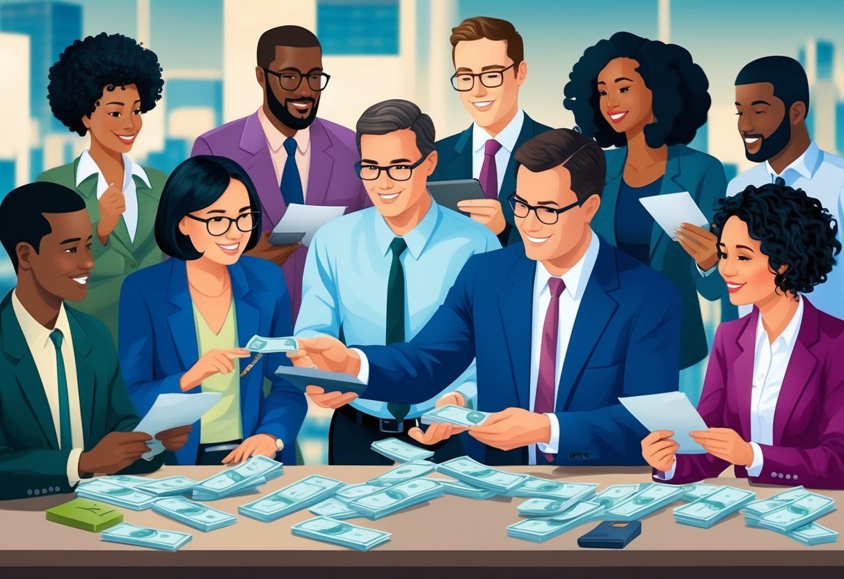 A diverse group of people engaged in financial transactions, exchanging money and documents, with a focus on growth and returns
