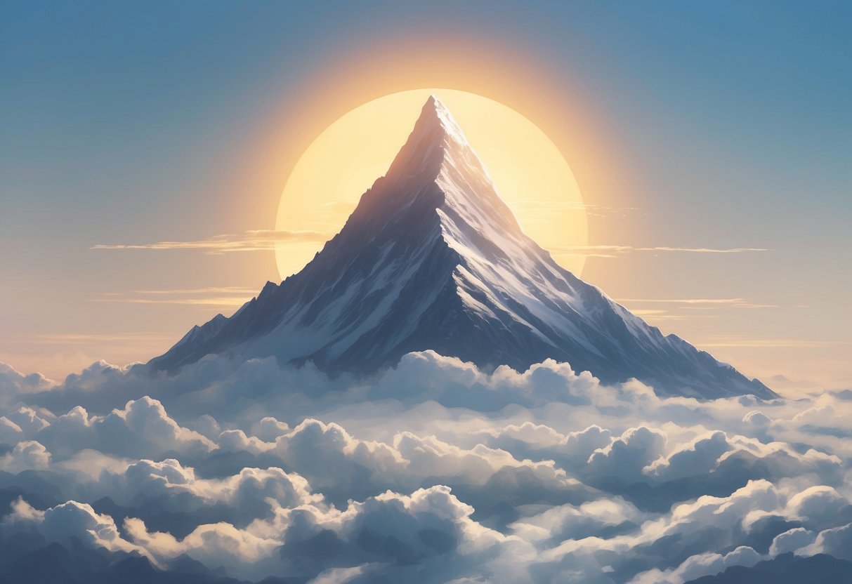 A mountain peak rising above a sea of clouds, with a glowing sun in the background
