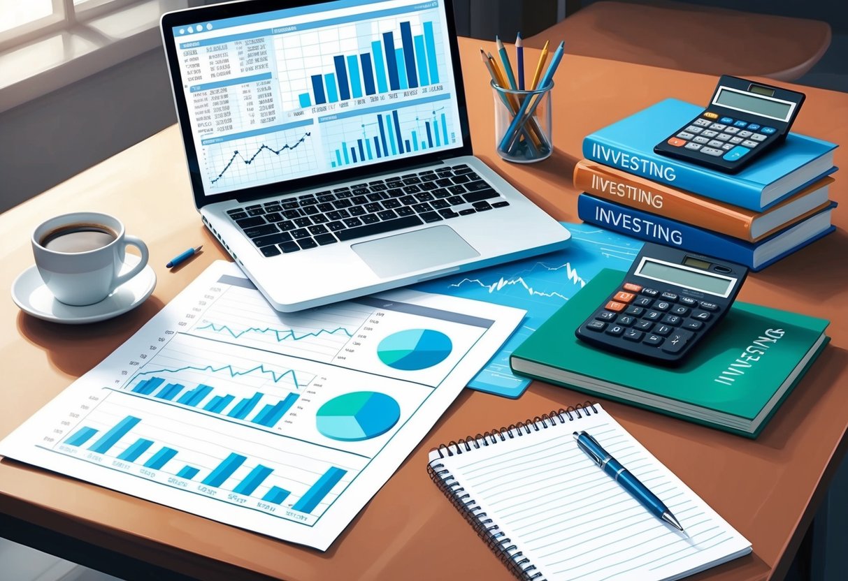 A desk with a laptop, financial charts, and a calculator. A stack of books on investing and a cup of coffee. A pen and notepad for jotting down notes