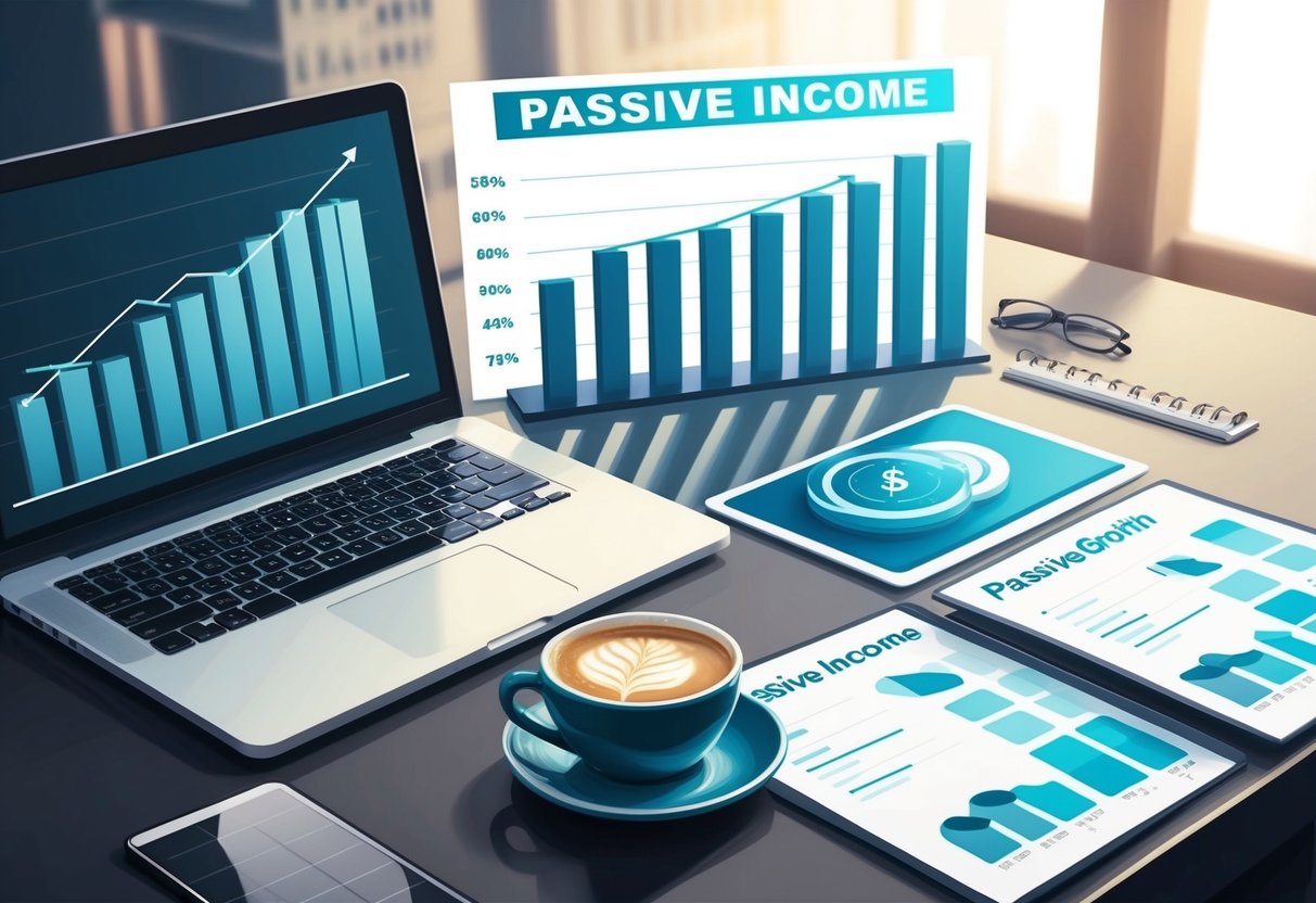 A desk with a laptop, financial charts, and a cup of coffee. A graph showing steady growth in passive income