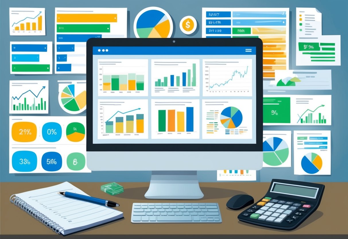 A diverse array of investment charts, graphs, and financial data displayed on a computer screen, with a calculator and notepad nearby for analyzing and managing a peer-to-peer lending portfolio