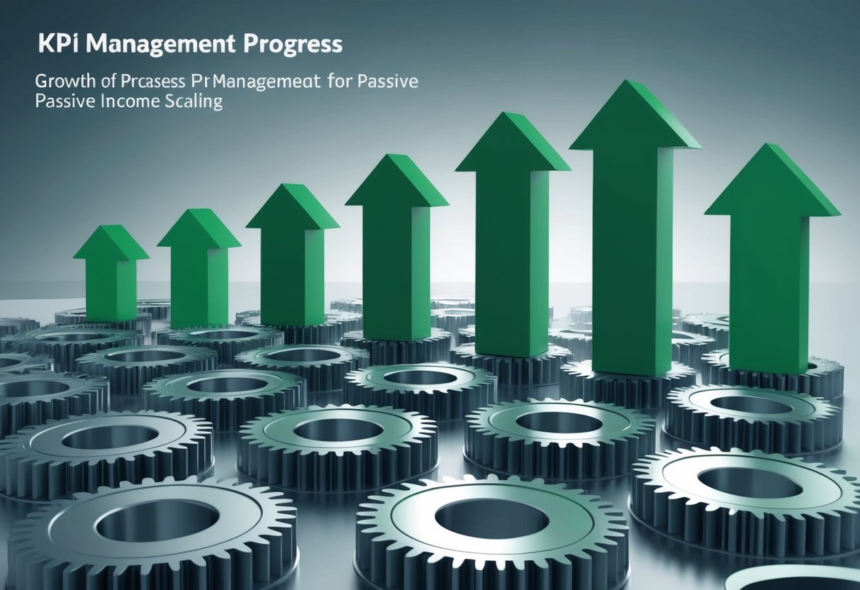 A series of interconnected gears turning smoothly, with arrows pointing upwards, symbolizing growth and progress in KPI management for passive income scaling