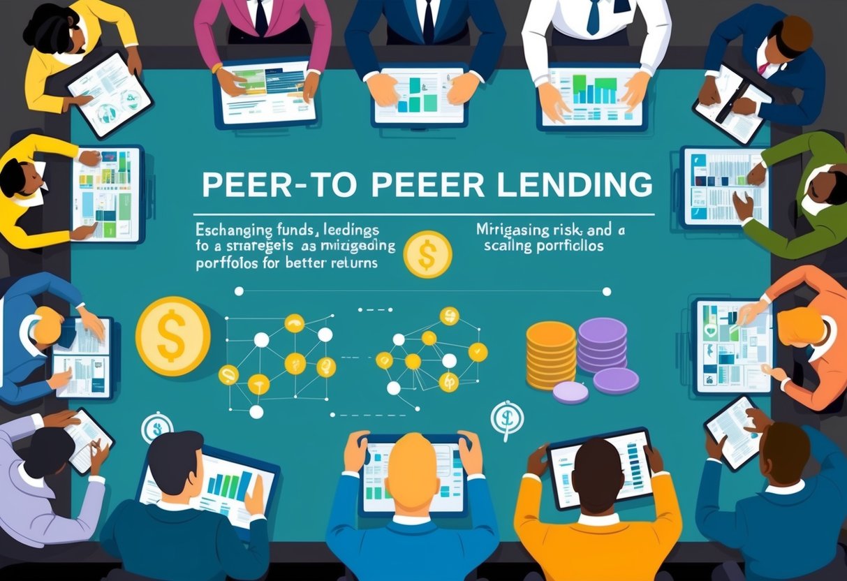 A diverse group of people engage in peer-to-peer lending, exchanging funds and discussing strategies for mitigating risks and scaling their portfolios for better returns