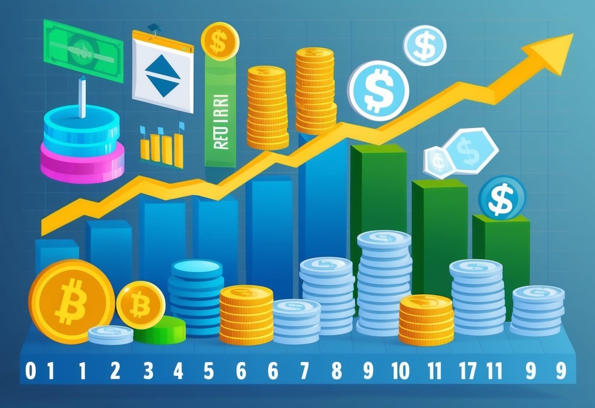 A diverse collection of financial assets, including stocks, bonds, and peer-to-peer lending platforms, displayed on a graph showing increasing returns over time