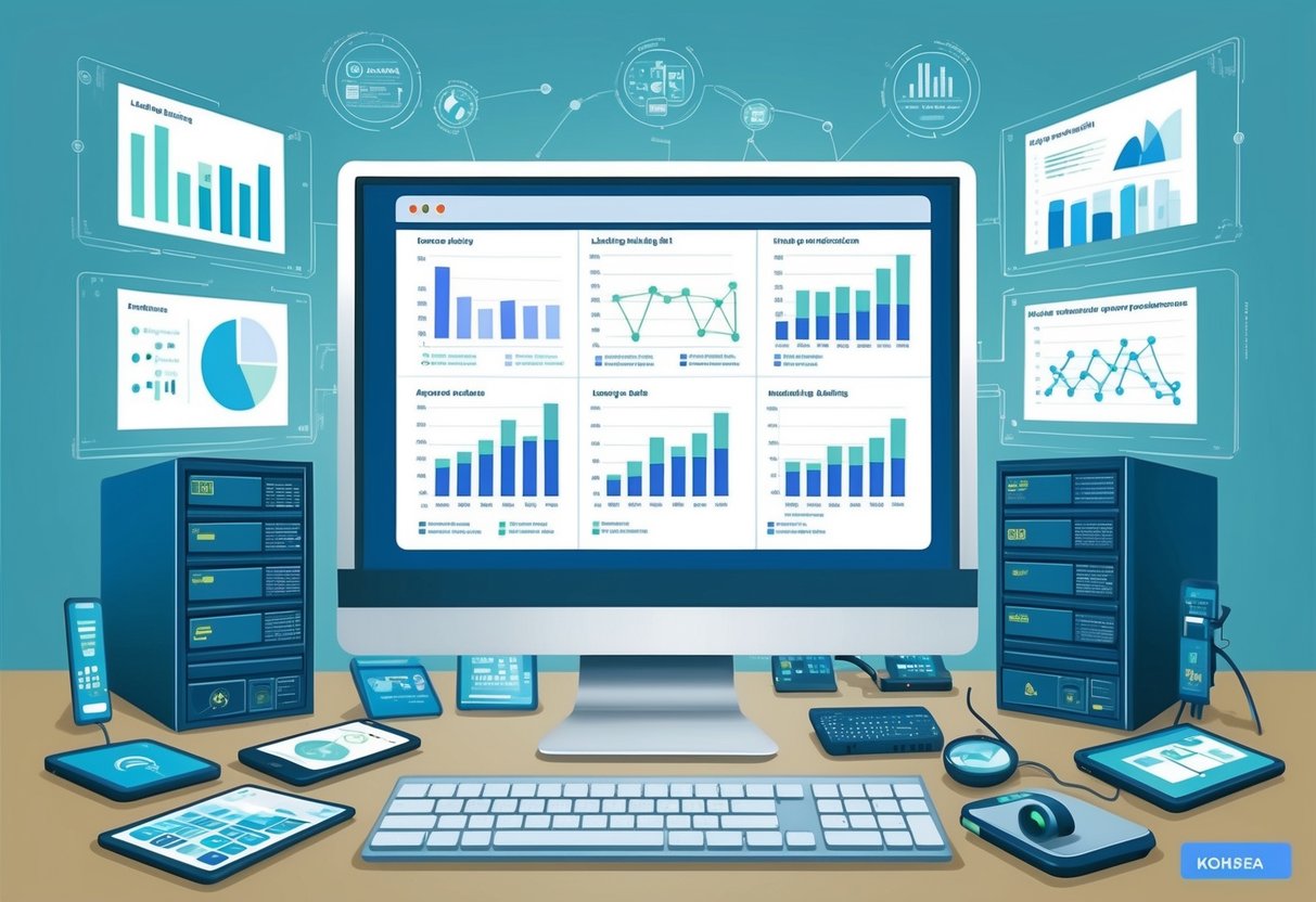 A computer screen displaying multiple graphs and charts related to peer-to-peer lending performance, surrounded by various technological devices and data analysis tools