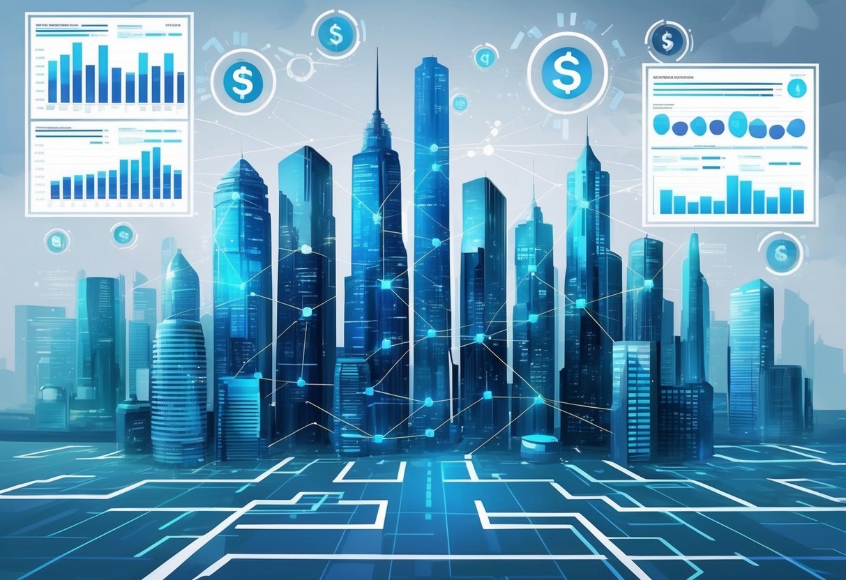 A futuristic city skyline with interconnected nodes representing P2P lending platforms, surrounded by financial charts and graphs showing portfolio growth