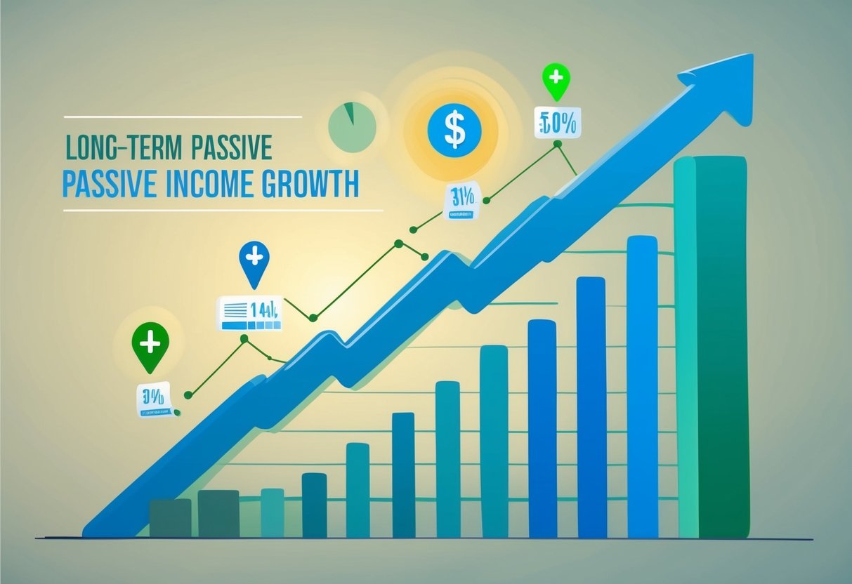 A graph showing a steady upward trend, with various markers indicating key performance indicators (KPIs) and a clear path towards long-term passive income growth