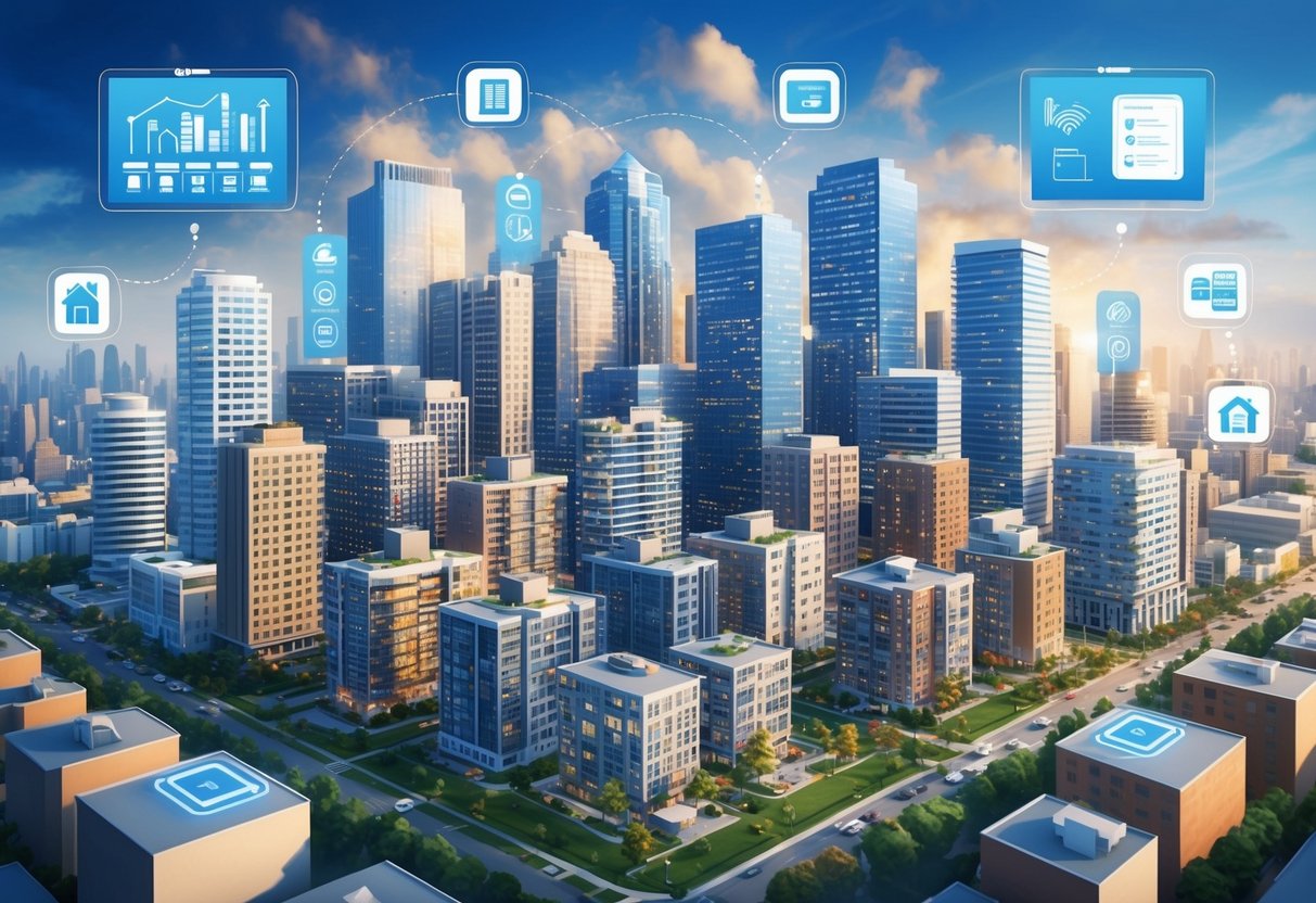 A bustling city skyline with various types of rental properties, from apartments to single-family homes, surrounded by modern management tools and technology