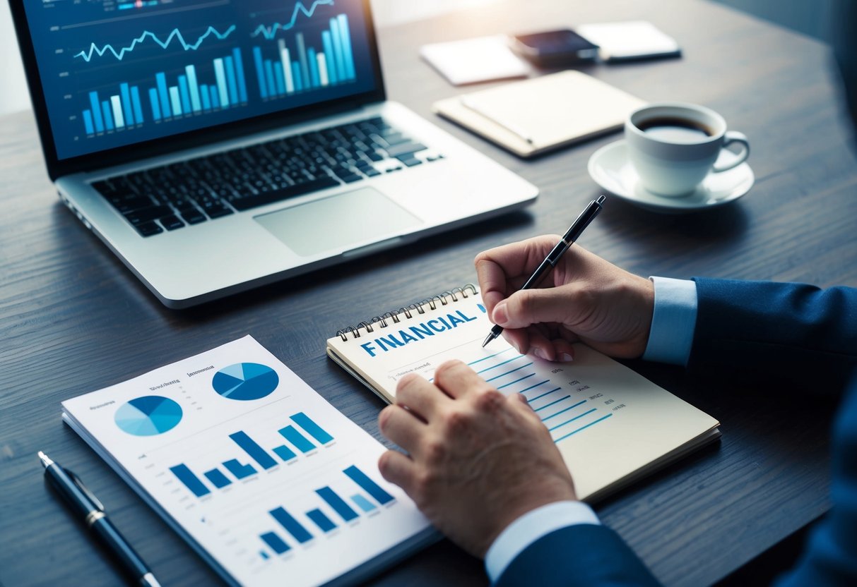 A desk with a laptop, financial charts, and a cup of coffee. A hand holding a pen is making notes on a notepad
