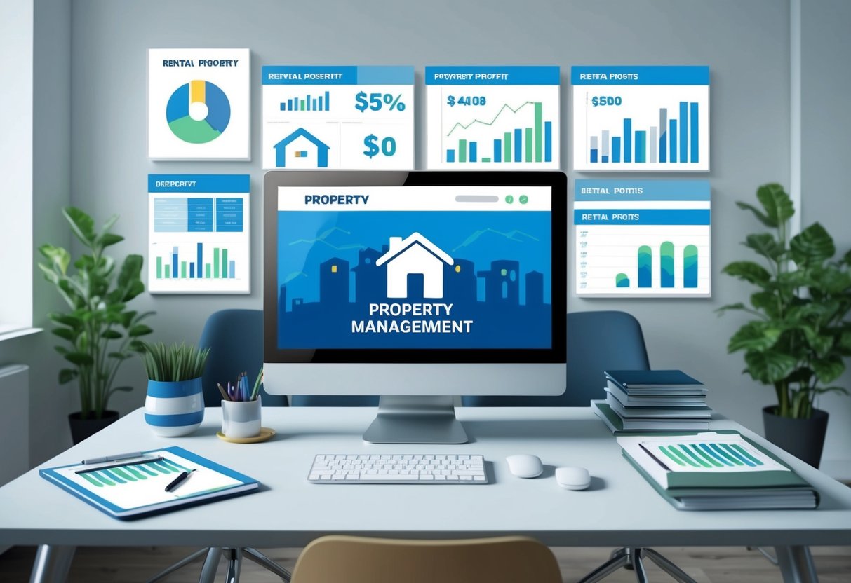 A modern office desk with a computer displaying property management software, surrounded by charts and graphs showing rental property profits