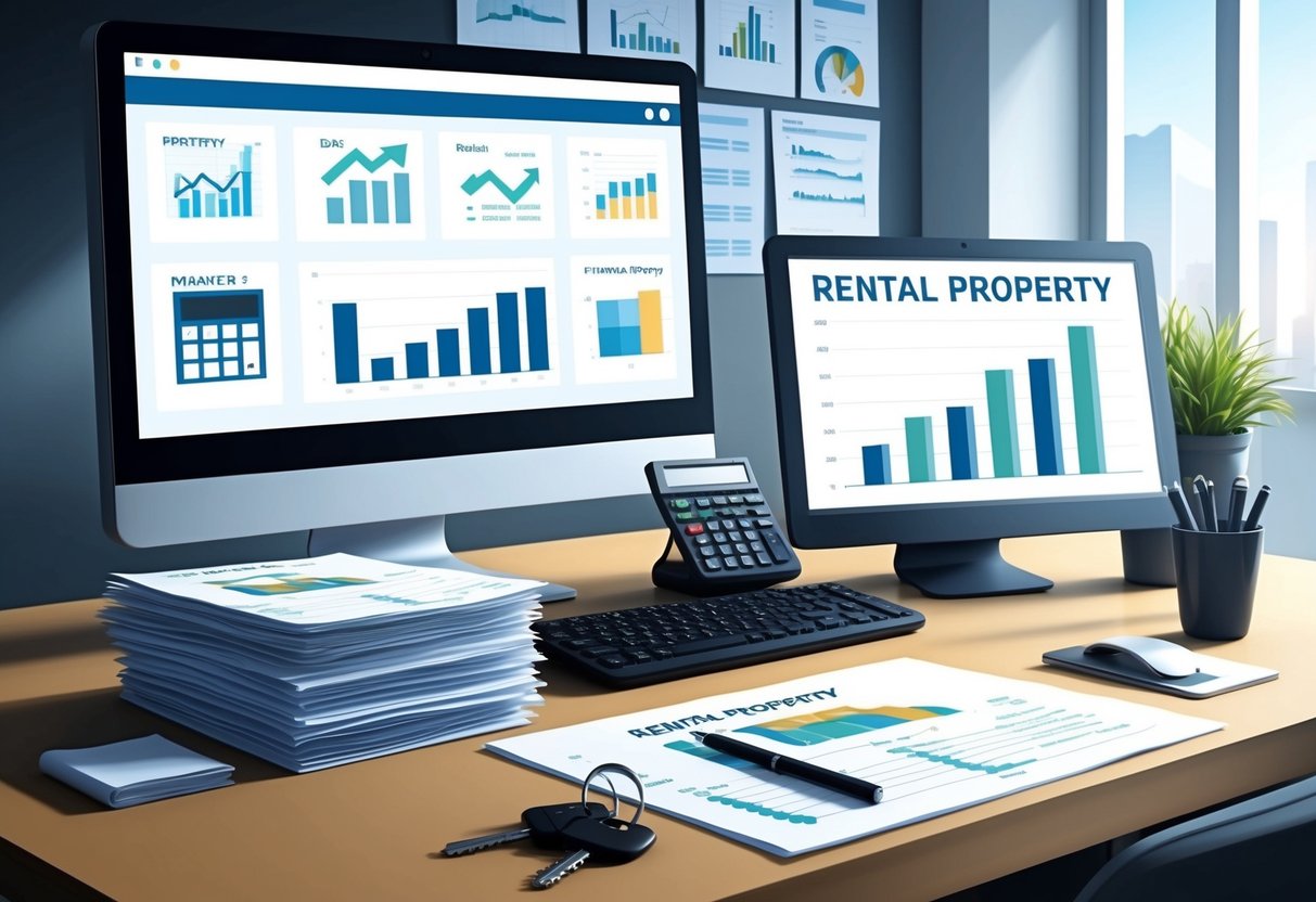 A modern office desk with a computer, calculator, and financial charts displayed on a screen. A stack of rental property documents and keys are neatly organized on the desk