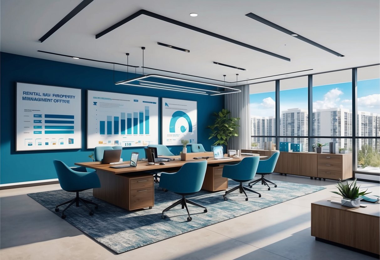 A modern rental property management office with advanced technology and tools, organized and efficient