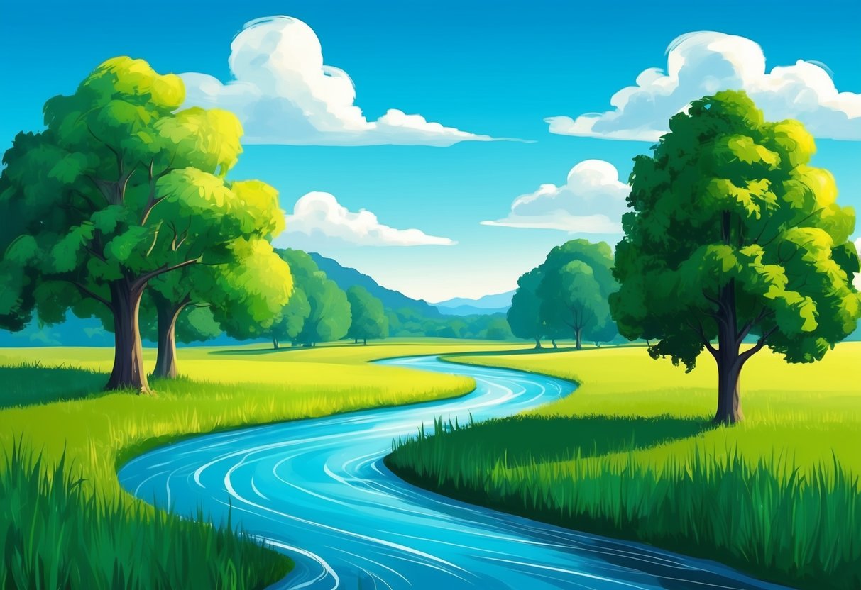 A serene landscape with a flowing river, lush green trees, and a clear blue sky, symbolizing the concept of passive income and financial growth