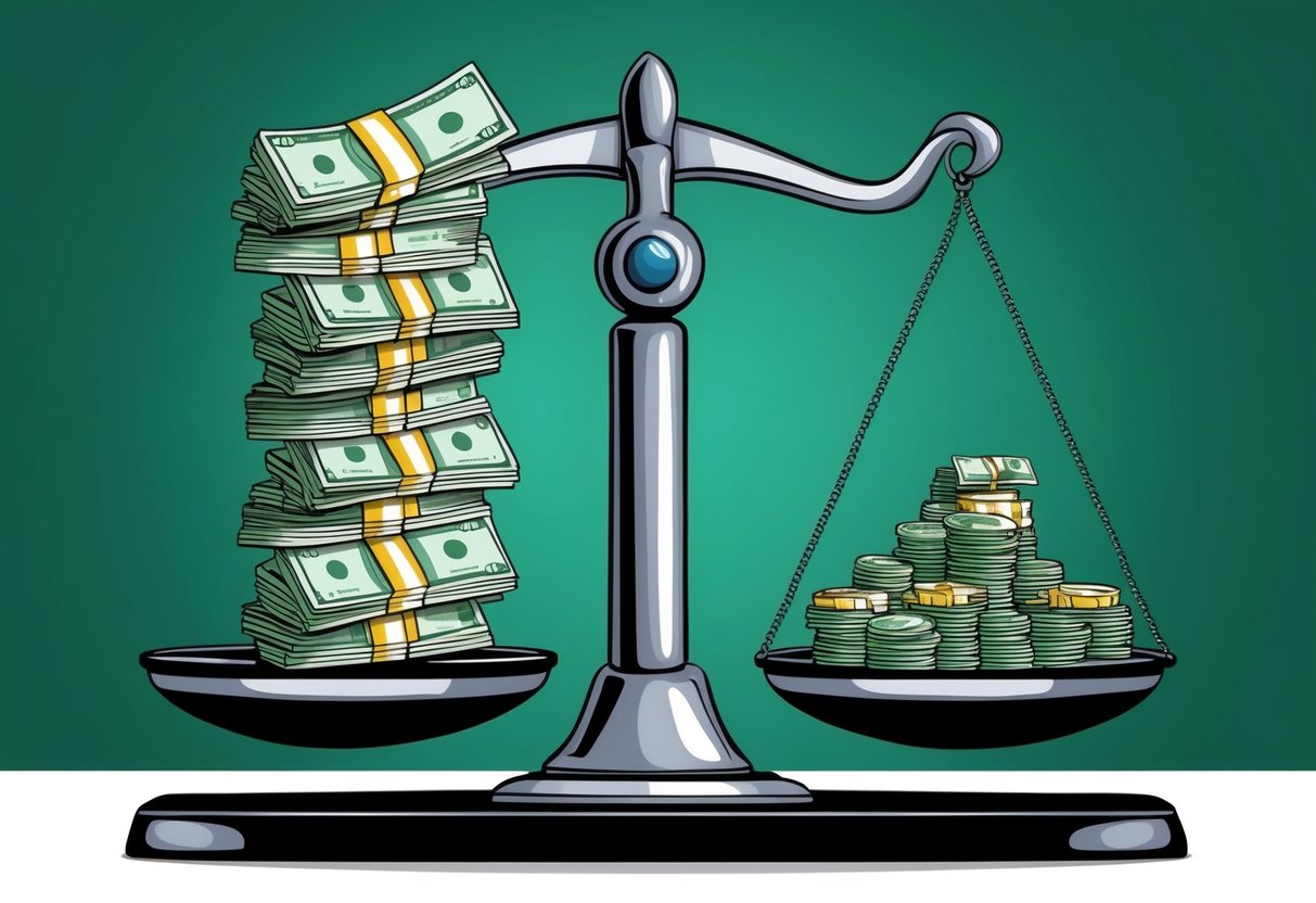 A stack of money growing larger on one side of a scale, while a small pile of money remains stagnant on the other side
